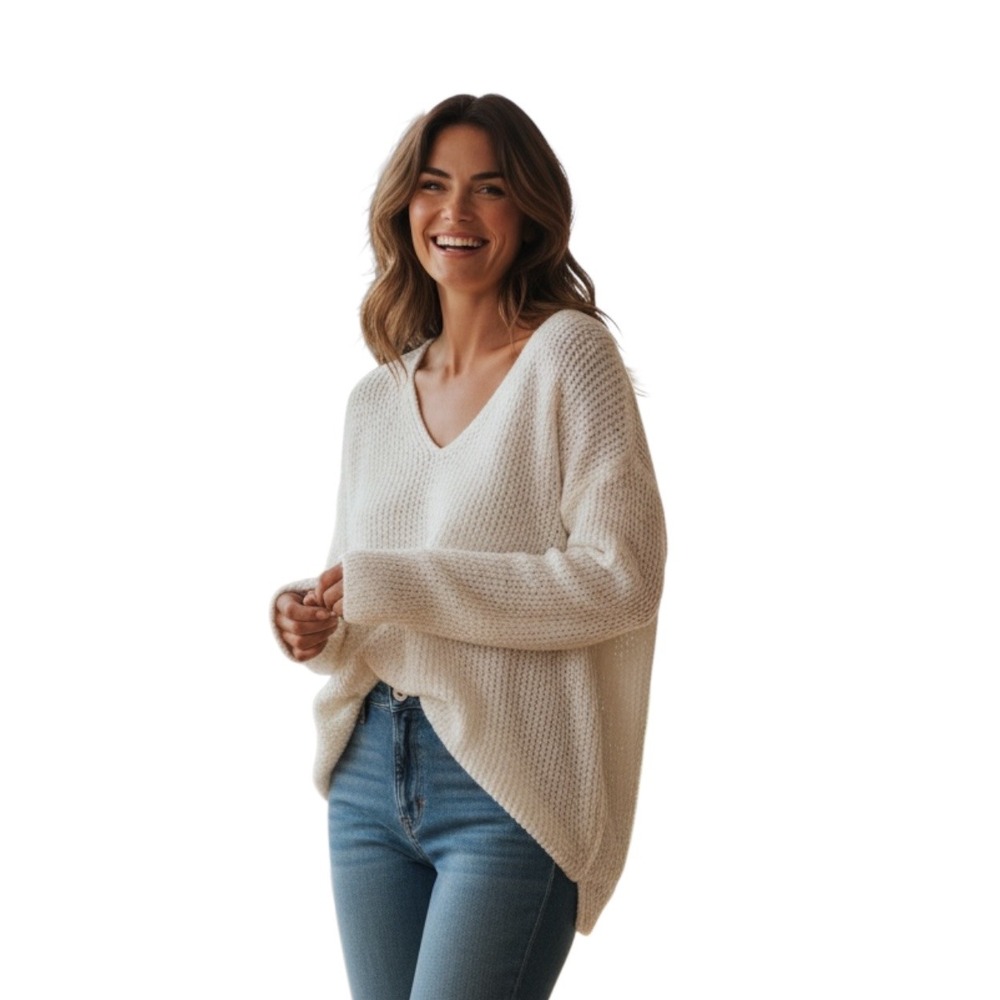 Eileen Fisher Womens XL Cream White V-Neck Knit Sweater 3/4 Sleeve Relaxed Fit